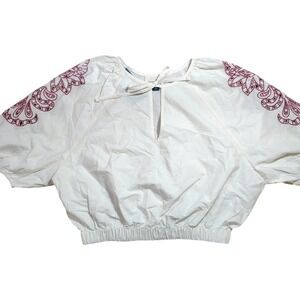 White Embroidered Cropped Blouse Puff Sleeve Tie Neck Size‎ S Universal Thread
